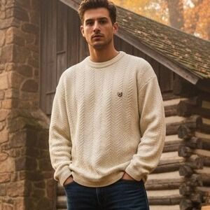 Vintage Chaps Ralph Lauren $98 Large Cream 100% Cotton Herringbone Sweater